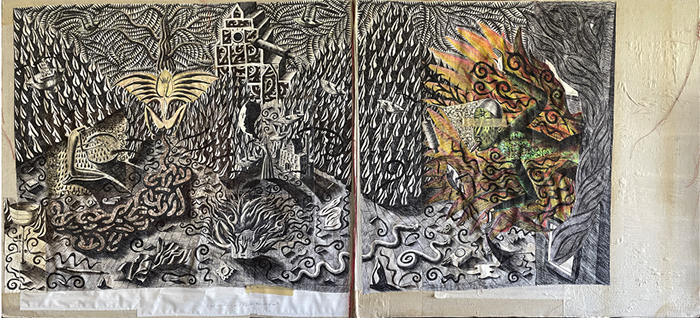 Mike Goodlett: book 2 (double page) by Mike Goodlet. Dimensions 36 inches tall by 79 inches long (author’s collection)
